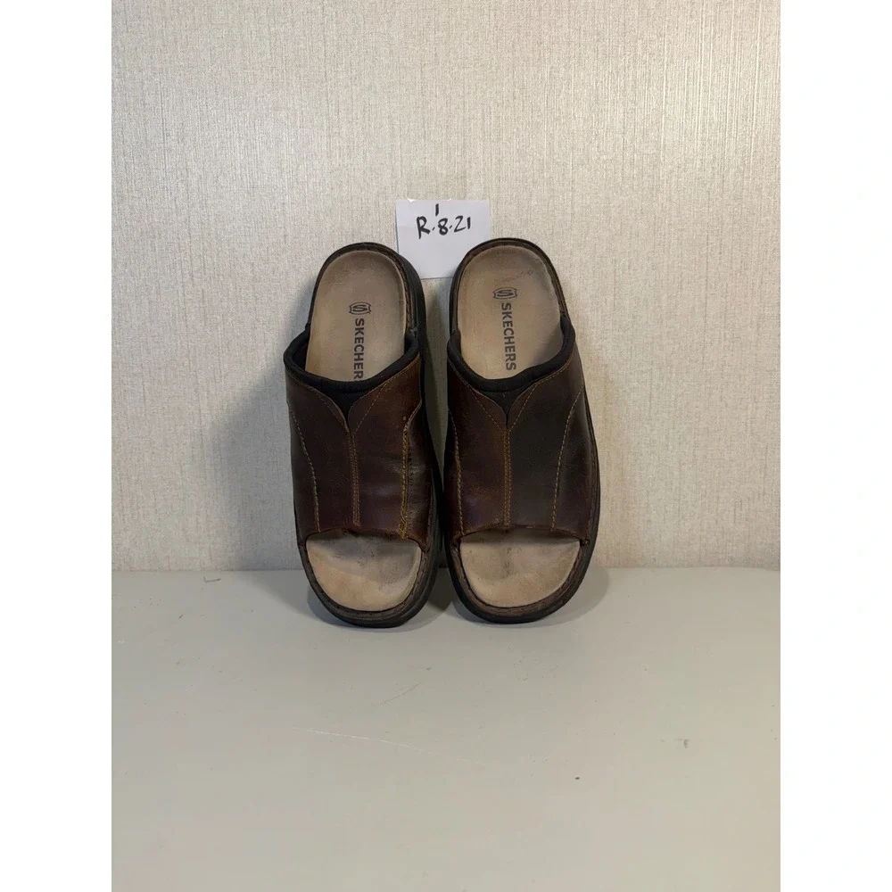 Skechers Mens Brown Leather Slide Sandals Open Toe Slip On SN 4272 Size 10